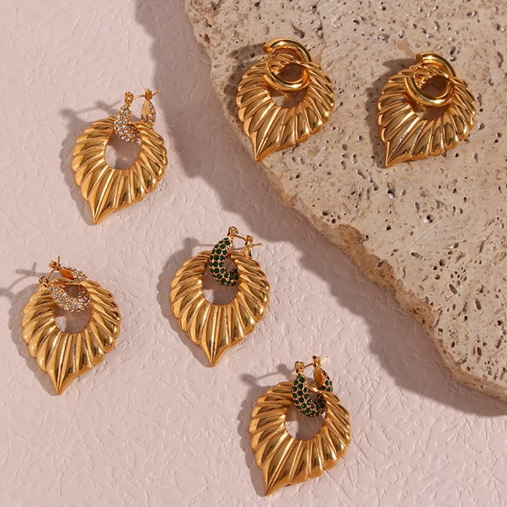 Zircon Micro Pave Chunky Palm Leaf Drop Statement Earrings 18K Gold Plated - Picture 5 of 7